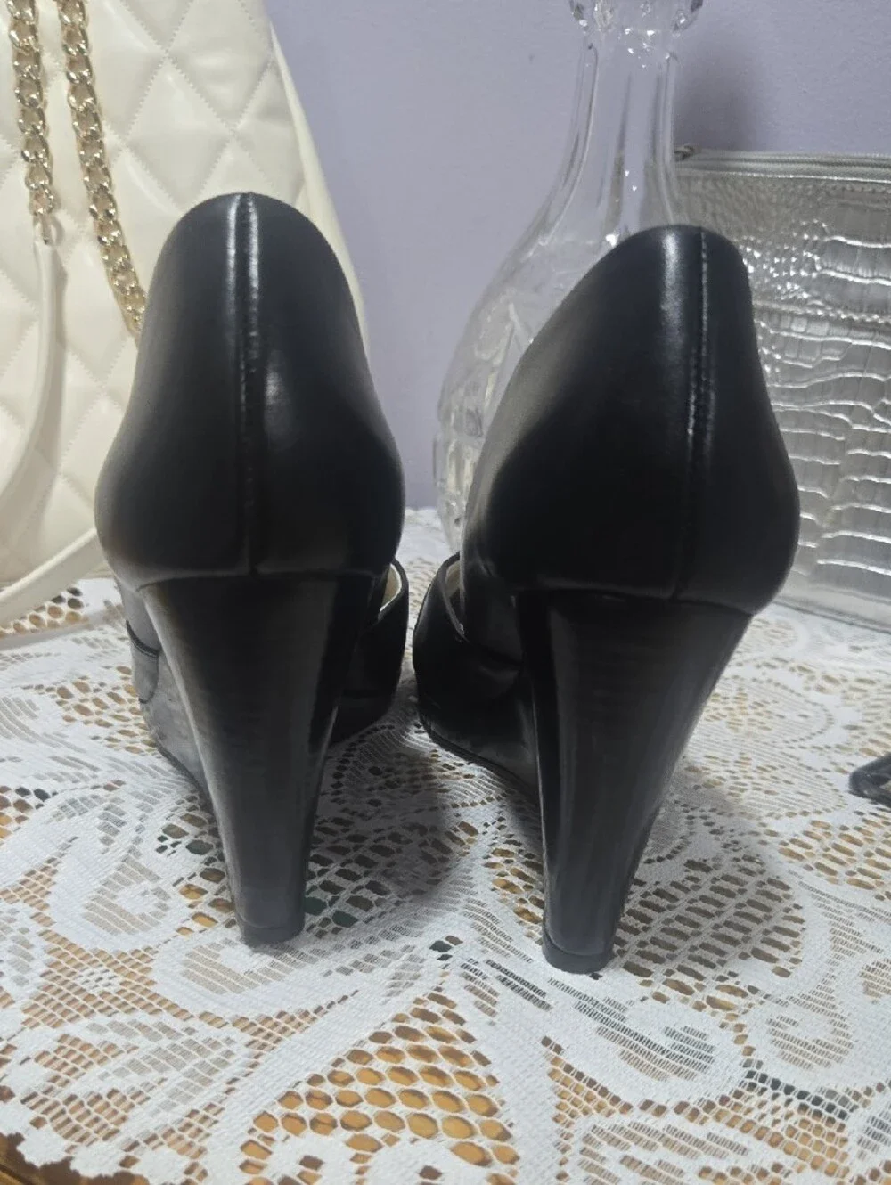 Michael Kors Black Peep-Toe Wedge with Gold MK Emblem